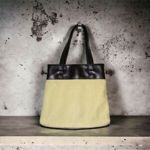 Large Woven Tote Shoulder Beige With Dark Brown Leather Trim and Handles Vintage